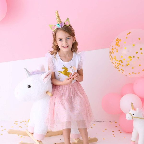 Girls Summer Dress Short Sleeve Party Dress Bright Eye Princess Dress, Pink