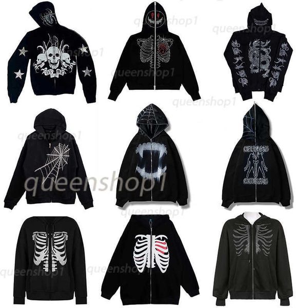 Hoodies Sweatshirts Rhies Spider Web Skeleton Print Black Y2k Goth Long-Sleeve Full Zip Hoodies Oversized Jacket American Fashion Hot-Selg