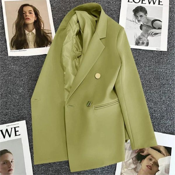 

Womens Suits Korean Fashion OL Elegant Blazer Women Spring Autumn Solid Double Breasted Long Sleeve Pocket Loose Ladies Luxury Blazers Coat, Green