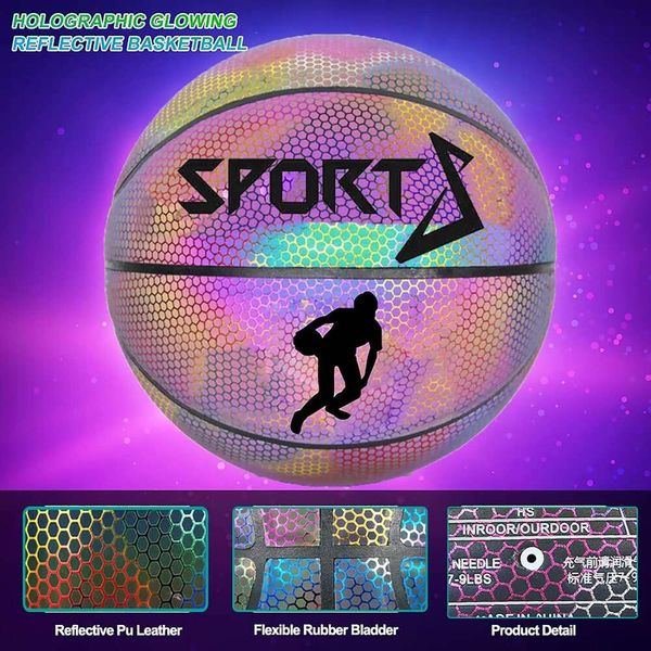 

Fun basketball for night games Reflective PU Basketball Official size 7 Glow-in-the-dark Rainbow Reflective Mini