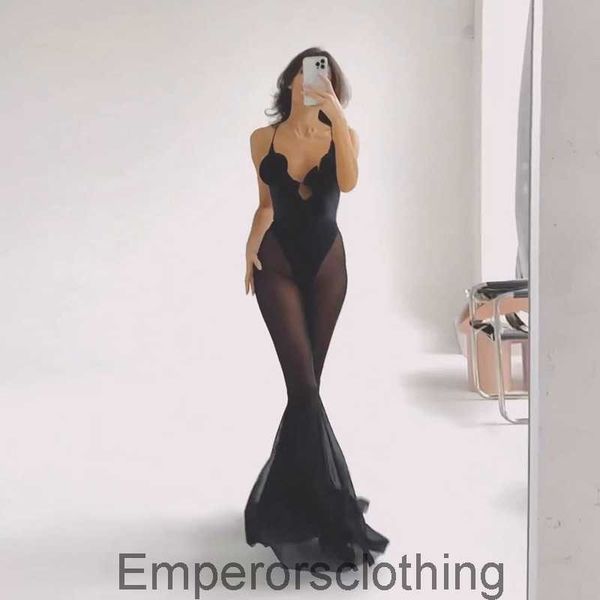 

Feng 2024 Spring/Summer Fashionable and Sexy Spicy Girl Mesh Splicing Perspective Design Loudspeaked jumpsuit for Women, Black