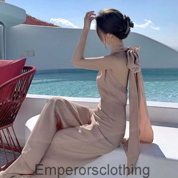 

Hanging neck jumpsuit for womens summer long sexy backless beach pants skirt seaside vacation wide leg pants high waisted drape pants, Khaki