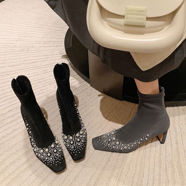 Women's Fashion Boots:Pearl Design High Heels Suede Slim French Square Toe Versatile,Black/Grey,fashion