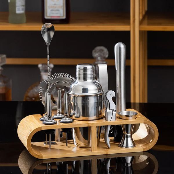 350ml 550ml 750ml stainless steel cocktail shaker bartender tool set with bamboo base 241106