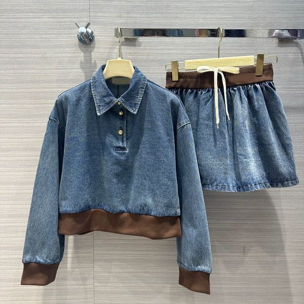 Sweet Denim Two Piece Sets Women's Long Sleeve Patchwork Loose casual Tops and Drawstring Mini Skirt Suit
