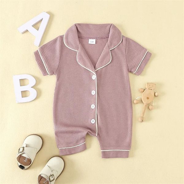 

Soft Cotton Baby Girls Boys Romper Pajama Sleepwear Short Sleeve Contrast Trim Button Down Waffle Jumpsuit Infant Kids Clothes 240325, Blue