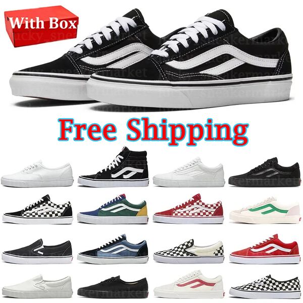 

With box Free Shipping Designers skateboard shoes for men women canvas sneakers old skool classic vintage black white blue Checkerboard slip on mens flat trainers, Color 1