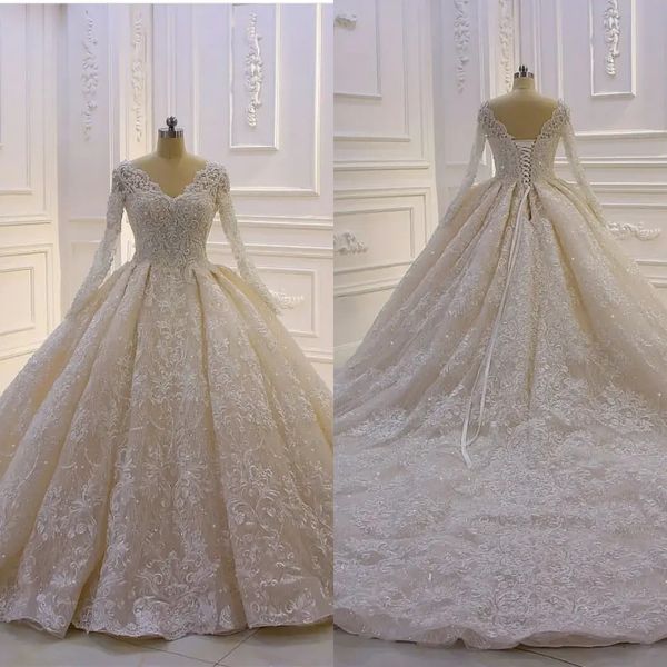 Elegant Ball Gown Appliques Sequins Laces V Neck Wedding Dress Customized Lace Up Ruched Sweep Train Bridal Dresses