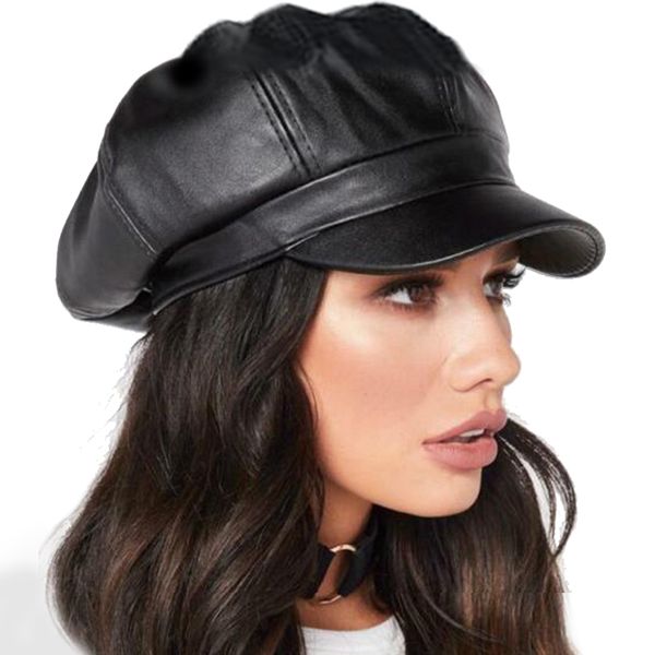 

Women Men PU Leather Berets Hat Retro British Solid Beret Baseball Cap Outdoor Sun Hat Winter Warm Octagonal Hats Newsboy Caps, Leather black