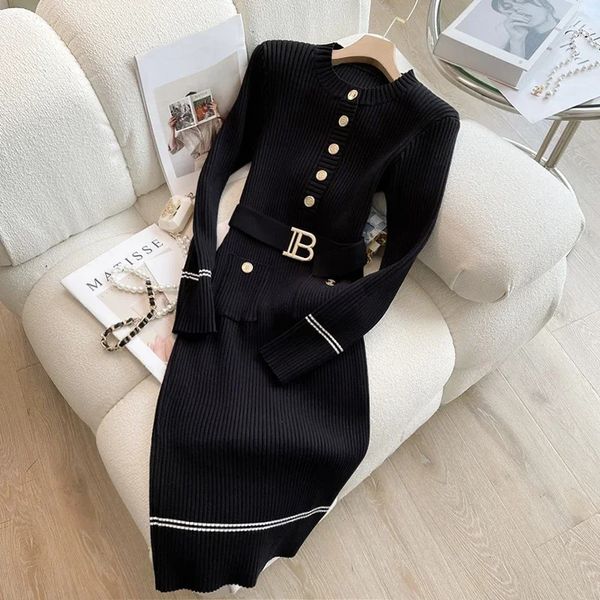 Autumn Winter Women Knitted Fashion O-neck Buttons Bodycon Sweater with Belt Lady Office Dress 241108, White
Autumn Winter Women Knitted Fashion O-neck Buttons Bodycon Sweater with Belt Lady Office Dress 241108, White