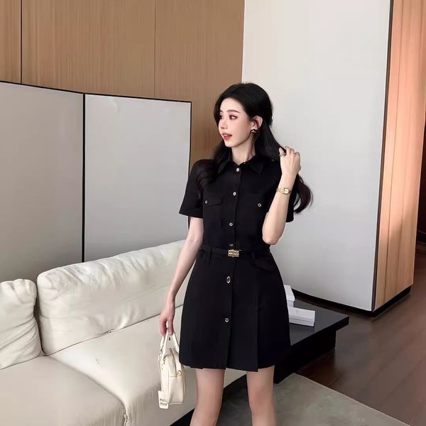 

summer skirt designer clothes women miui Embroidered logo elegant slim fit short sleeved shirt dress with belt, Khaki