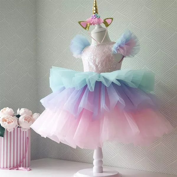 

Girls Rainbow Unicorn Princess Dress Cake Layers Tutu Prom Gown for Kids Children Wedding Evening Formal Party Pageant Vestidos, Pink