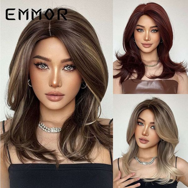 

Emmor new gradual slight deviation French bangs micro curl medium long hair chemical fiber wig full head, Lc10021