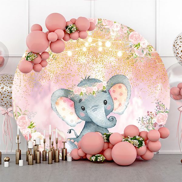 Laeacco Baby Elephant Round Backdrop For Photography Blooms Sunflowers Baby Shower Birthday Party Wild Animal Circle Background