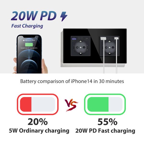 BSEED Single Wall Socket Double EU Electric Sockets With USB Type-c Charging Ports Triple Power Socket Outlets Glass Frame 16A