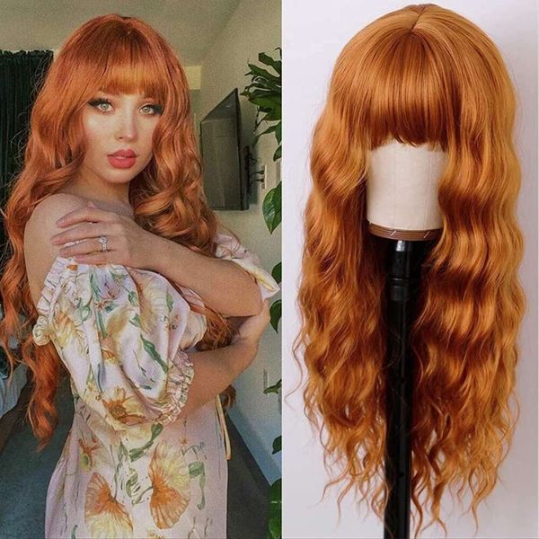 

Wig with full bangs long curly hair water ripple synthetic fiber wig headband orange wool curly wig, Picture color