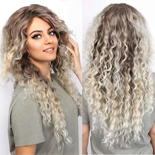 

Long curly hair wig womens synthetic fiber headband brown gray white gradient long hair wig full headband