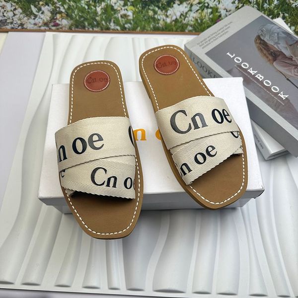 

Designer Women Woody Clogs Mule Flat Sandals Slide Letter Loafers Women's Pink Slippers Summer Beach Platform Canvas Herringbone Shoes, Brown