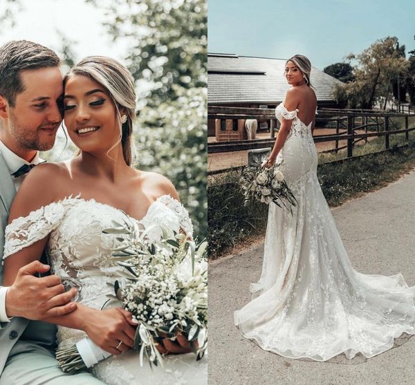 Graceful Lace Mermaid Wedding Dresses 2024 Summer New Sexy Sweetheart Off Shoulder Appliques Lace Backless Bridal Gowns Plus Size Robes BC18590
