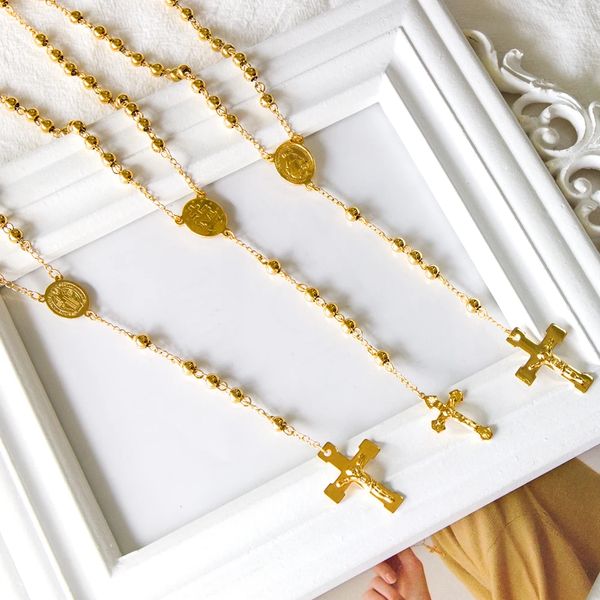LUXUKISSKIDS Rosary Beads Christianity Necklaces Jesus Long Chains For Woman/Man Cross Pendants Steel Christian Jewellery Prayer