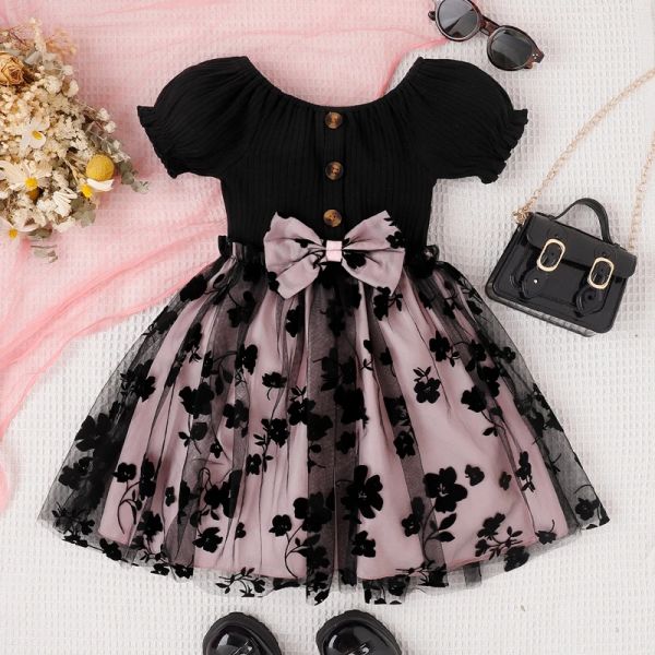 Skirt short sleeve round bow tulle patchwork summer party dress for children, Black
Skirt short sleeve round bow tulle patchwork summer party dress for children, Black