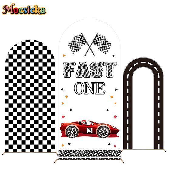 Racer Boy Birthday Party Backdrop Black White Runway Red Racing Panel Decor Arched Background Fast One Baby Shower Studio Props