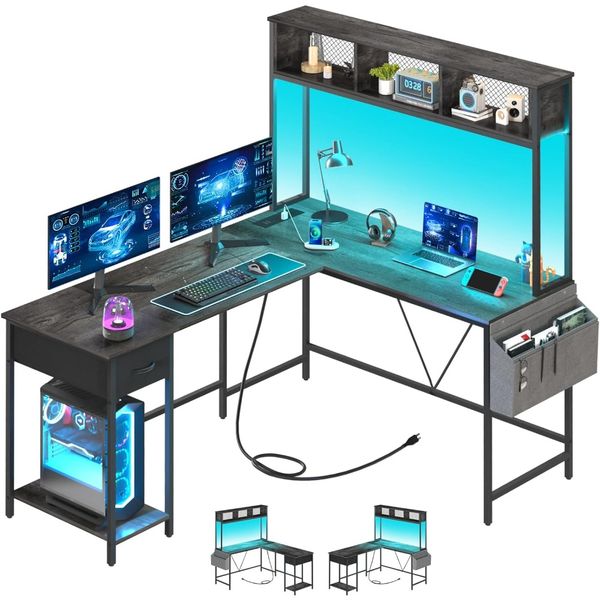 L Shaped Gaming LED Strip Power Outlet, Reversible L-Shaped Computer Desk with Storage Shelf & Drawer
L Shaped Gaming LED Strip Power Outlet, Reversible L-Shaped Computer Desk with Storage Shelf & Drawer