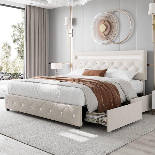 Veet Upholstered Platform Bed, LED Bed Frame, with 4 Storage Drawers, Tufted Headboard
Veet Upholstered Platform Bed, LED Bed Frame, with 4 Storage Drawers, Tufted Headboard