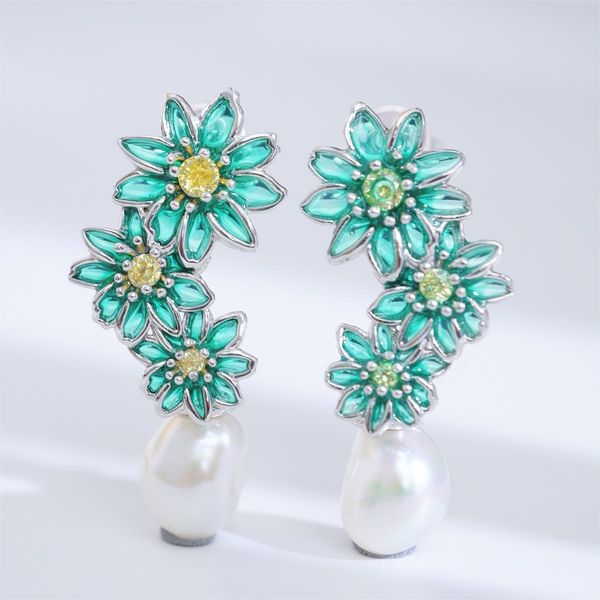 

Niche design 925 silver finely inlaid enamel natural pearl topaz blue-green daisy stud earrings