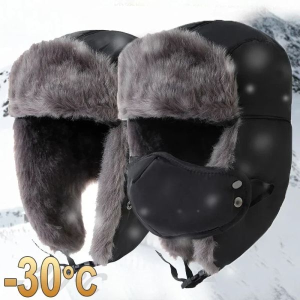 

Winter Warm Thicken Bomber Hats Women Men Ear Protection Fur Cap Trapper Russian Hat Outdoor Ski Windproof Earflap Lei Feng Caps, Navy blue