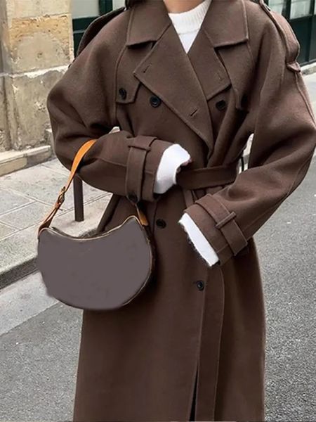 Elegant Brown Doublebreasted Woolen Overcoat With Belt Women Long Sleeve Loose Lapel Casual Coat Autumn Warm Commute Outwear 241114