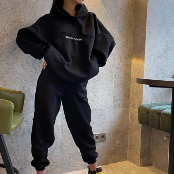 

designer clothes tracksuit women hoodie Long sleeved printed fashionable hooded sports set comfortable, Black