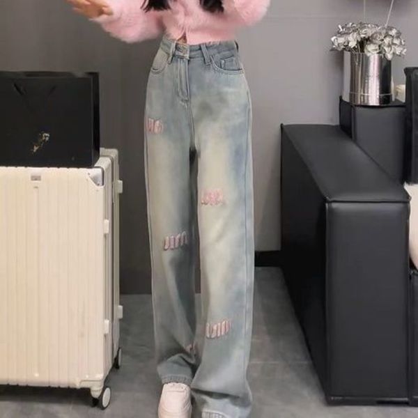 

Letter jeans design new summer fashion high waist thin three-dimensional straight embroidery embroidered pants, Blue