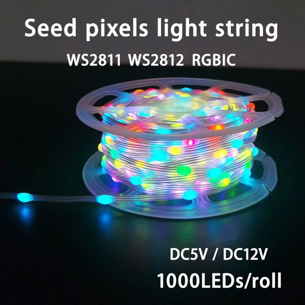 1000LED 26AWG seed pixel light string WS2811 WS2812 RGBIC addressable single transparent black green line DC5V 12V 241116