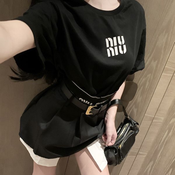 

miumi tshirt short skirt two piece set Fashionable printed letters simple casual versatile fitting short sleeved Tshirt high waisted letters wide edge short skirt, Black