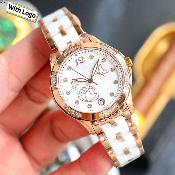 

Designer womenWatch Watches High Quality Original Version, Ceramic Strap Sapphire Glass Diamond Inlaid Watch Case Butterfly Pattern Grace Luxury Quartz Watch, Silver and ceramic strap