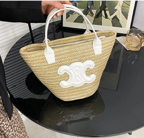 

Large Straw Bag Evening Bags Capacity Corn Husk Braided Single Shoulder Portable Grass Braided Vegetable Basket Holiday Beach Bag 33-21-9CM, White