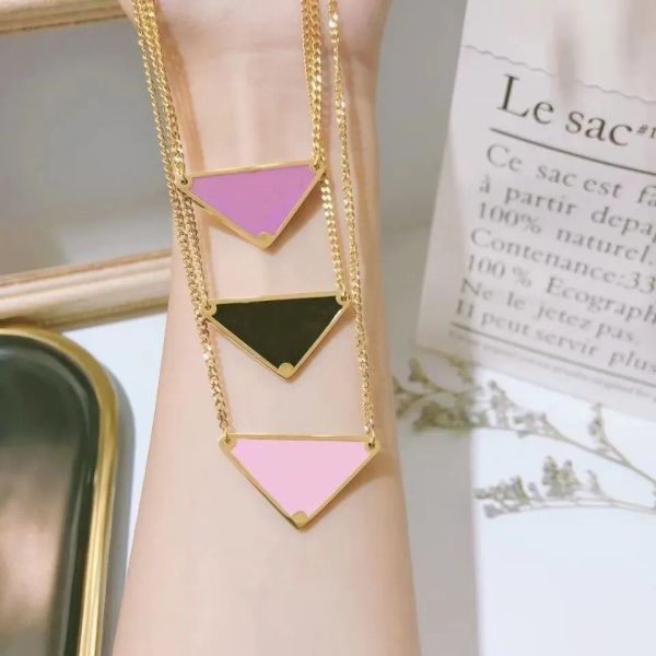 

DESIGNERS classic accessory fashion atmosphere triangle brand pendant hip hop necklace personality titanium steel collarbone chain holiday gift accessory, Light pink