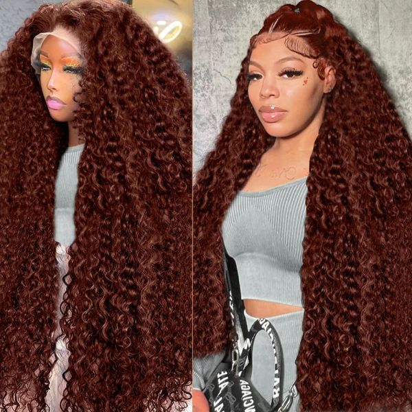 

Brazilian 30 40 Inch Reddish Brown Deep Wave 13x4 Frontal Human Hair Wig 250% Color Curly HD Lace Frontal Wig Synthetic for Women, Customize wig