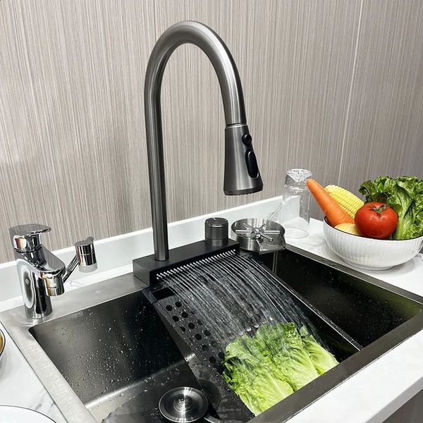 Waterfall Faucet 304 Stainless Steel and Cold Waterfall Kitchen Sink Faucet Pull Out Spray Kitchen Sink Faucet 241112