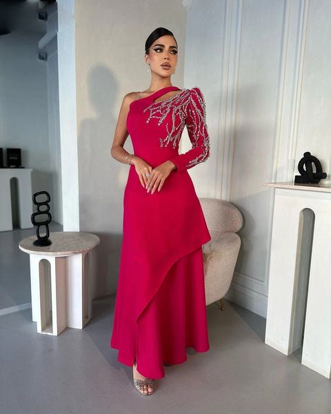 Elegant A-e Red Prom Formal Dress One Shoulder Long Sleeves Lace Beads Cut Out Evening Party Gowns For Women Robe De Soiree Vestido Gala