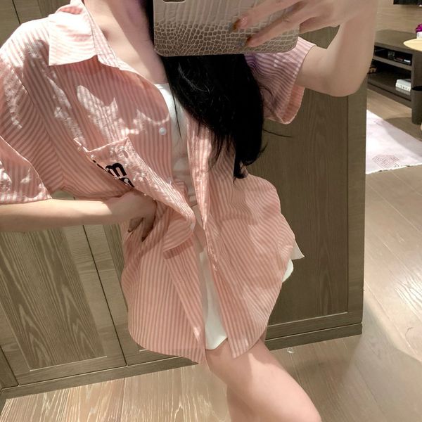 

miui clothes Luxury Clothes Woman blouse Striped Heavy Industry Pearl Shirt Womens Fashion Pocket Letter Embroidered Logo, Pink