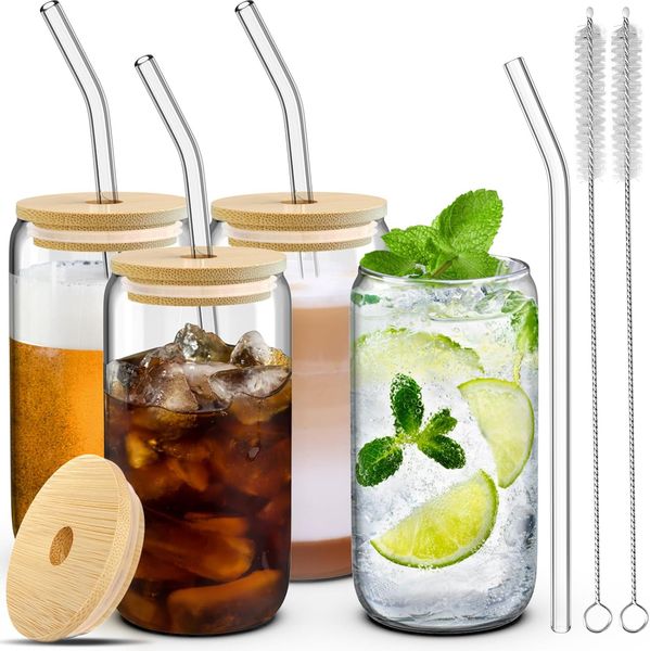 4 Glass Cups with Lids, Straws, and Brushes - 16 oz Drinking Cup Set with Bamboo Lids and Straws for Iced Coffee, Tumblers with Straw and Lid, Transparent
4 Glass Cups with Lids, Straws, and Brushes - 16 oz Drinking Cup Set with Bamboo Lids and Straws for Iced Coffee, Tumblers with Straw and Lid, Transparent