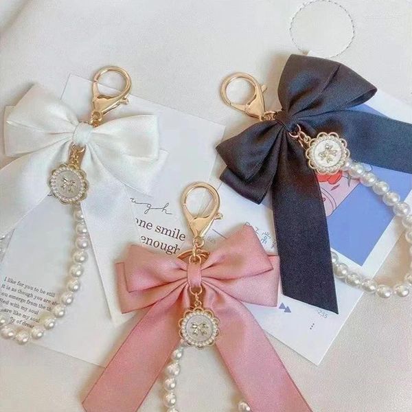 Keychains Key Bag Pendant Accessories Faux Pearl Bow Keychain Cute Beaded Bracelet Chain For Purse Backpack Car Charm Ribbon L260525GQ53