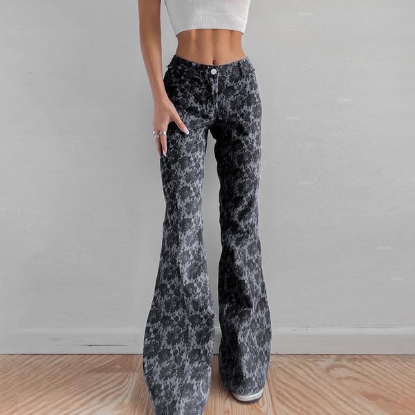 

womens designer clothing pants women Retro hot girl high waist slim design printed bell bottoms versatile slim fit drape woven casual trousers, Black