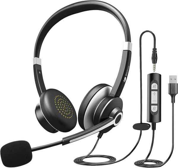 USB Headset with Microphone for PC, Computer Headset with Microphone Noise Cancelling for Laptop, 3.5mm Jack On-Ear Wired Headphones with Mic, Volume Control