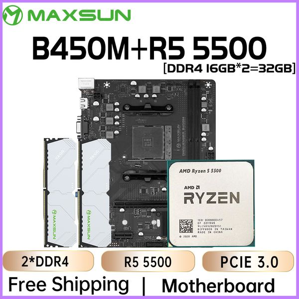 MAXSUN AMD B450M Game Motherboard Kit With CPU R5 5500 DDR4 16G*2=32G 3200MHz AM4 Mainboard M.2 NVME SATAIII Computer components