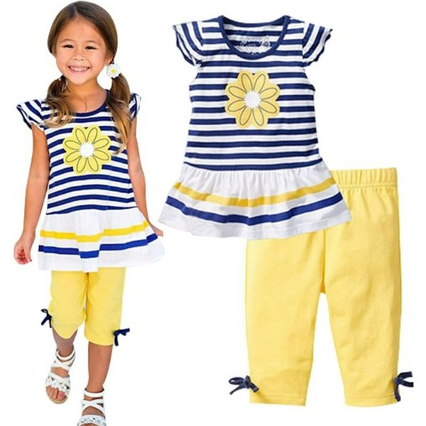 

Baby Girls Summer Clothes Casual Clothing Suit Short Sleeve Striped T-shirt +pants, White