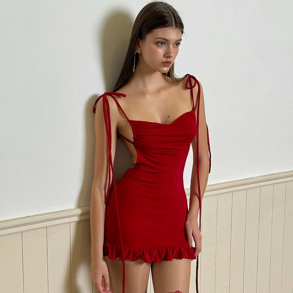 

summer dress Fashionable temperament slim fit ruffled edge spicy girl backless suspender dress for women, Red