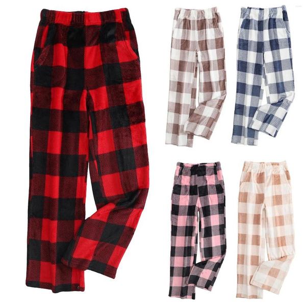 Women's Pants Pajama Bottoms Women Autumn Winter Fuzzy Flannel Plaid Wide Leg Warm Elastic Waist Color Blocking Thermal Straight Pant